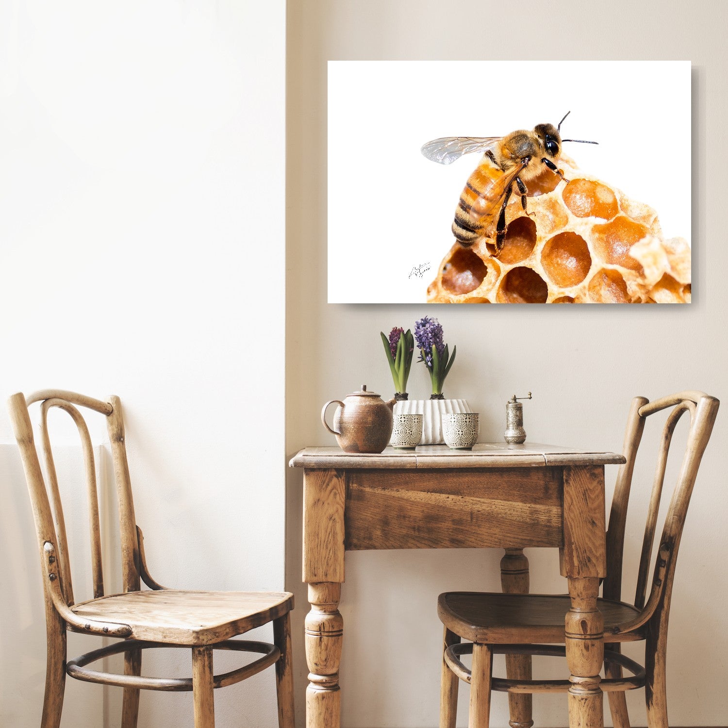 The honey bee is on a white background and is perched atop a comb, giving a realistic and detailed portrait of these fascinating creatures. Honey Bee art. Honey bee wall art. Honey bee portrait. Honey bee prints. Animal Photography. Bee art. Bee artwork. Bee gifts. Bee prints. Bee canvases.