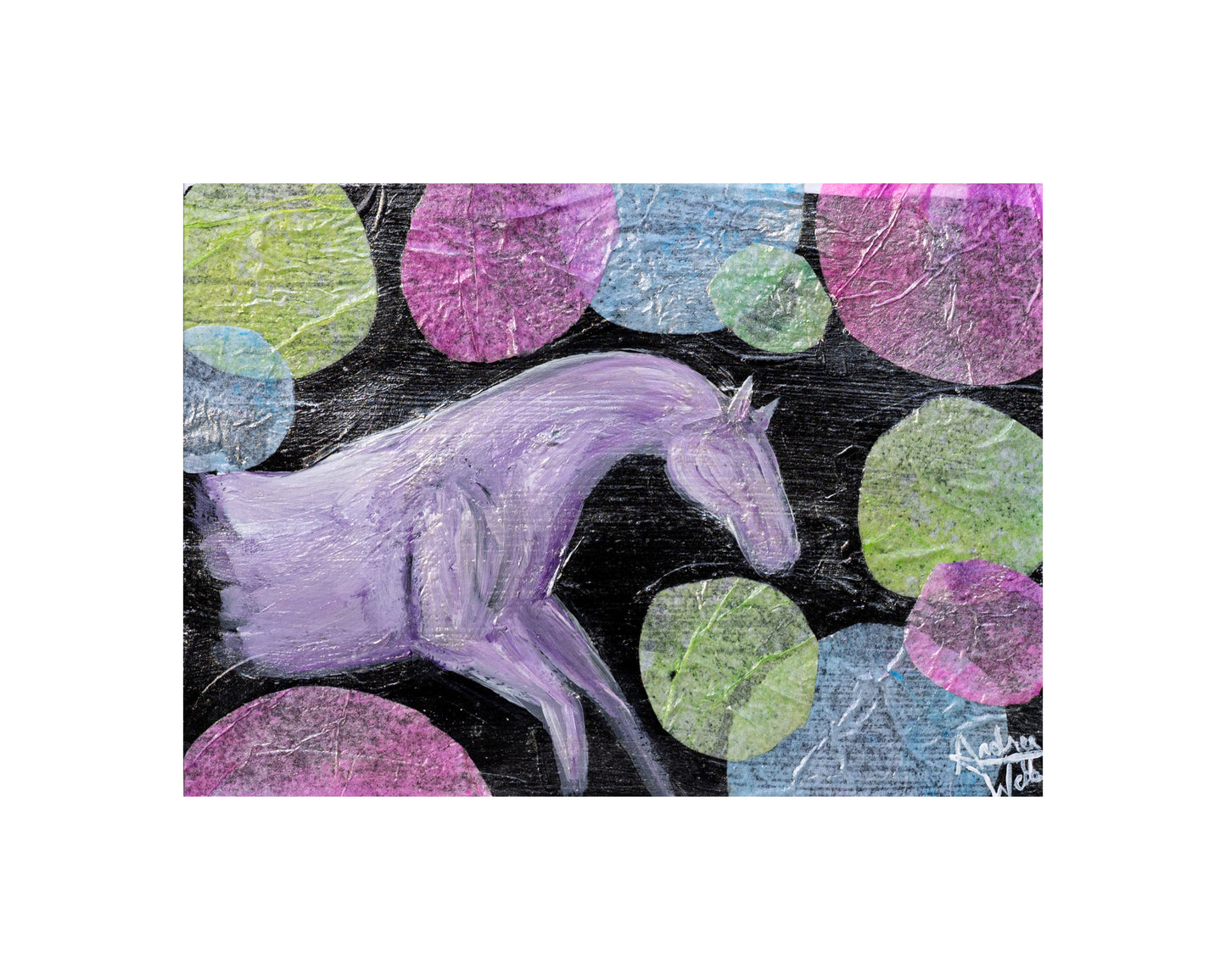 Mixed media equine artwork combining acrylics, and textured details on a white background