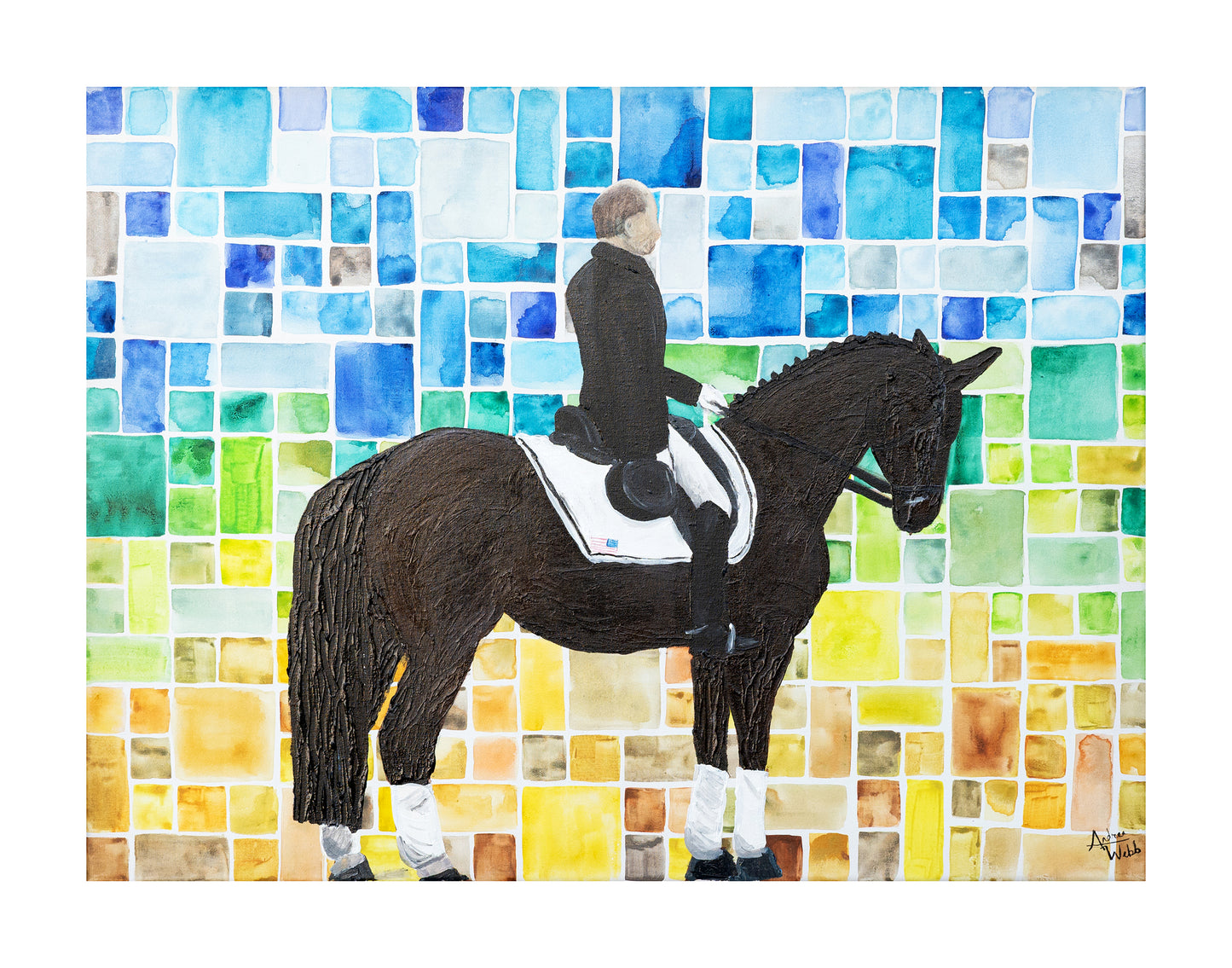Mixed media equine artwork featuring a dressage horse in watercolor and acrylics