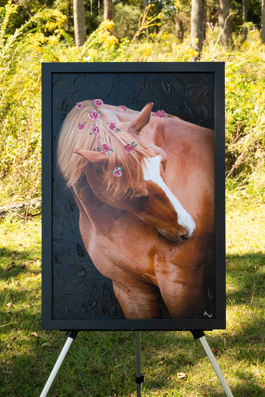 Mixed media equine artwork combining photography, acrylics, and textured details on a black background