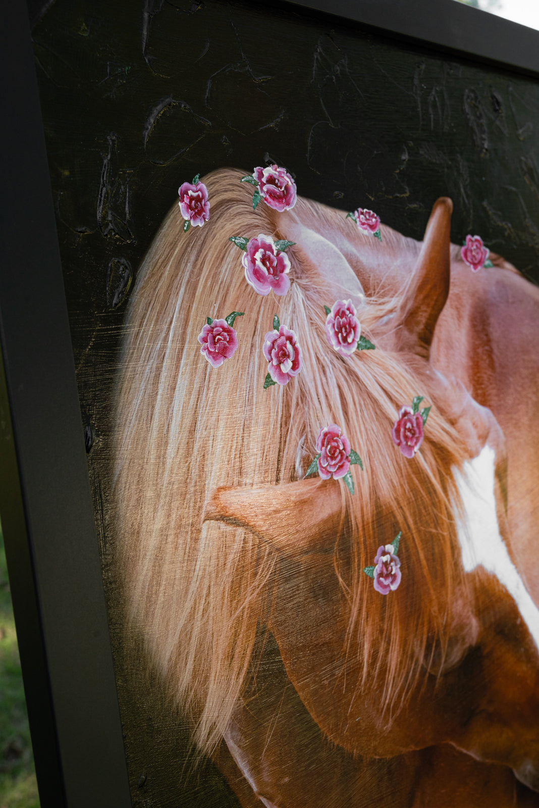 Horse portrait wall art blending fine art photography with modeling paste, paint, and gold ink