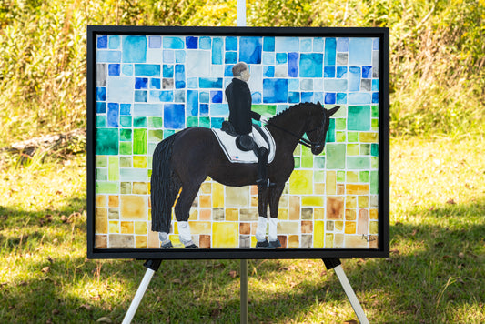 Mixed media equine artwork featuring a dressage horse in watercolor and acrylics