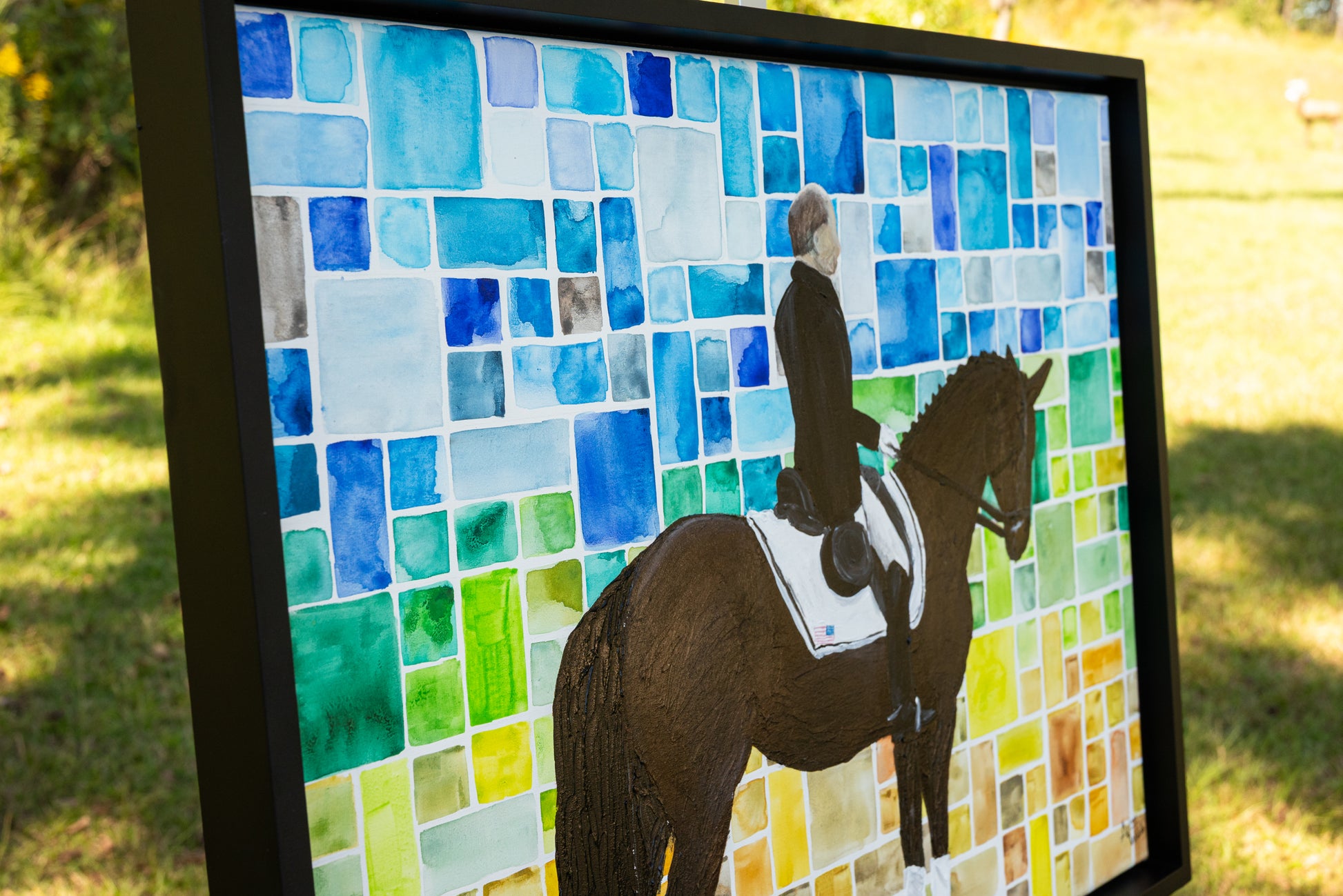 Dressage horse fine art painting combining watercolor softness with acrylic texture