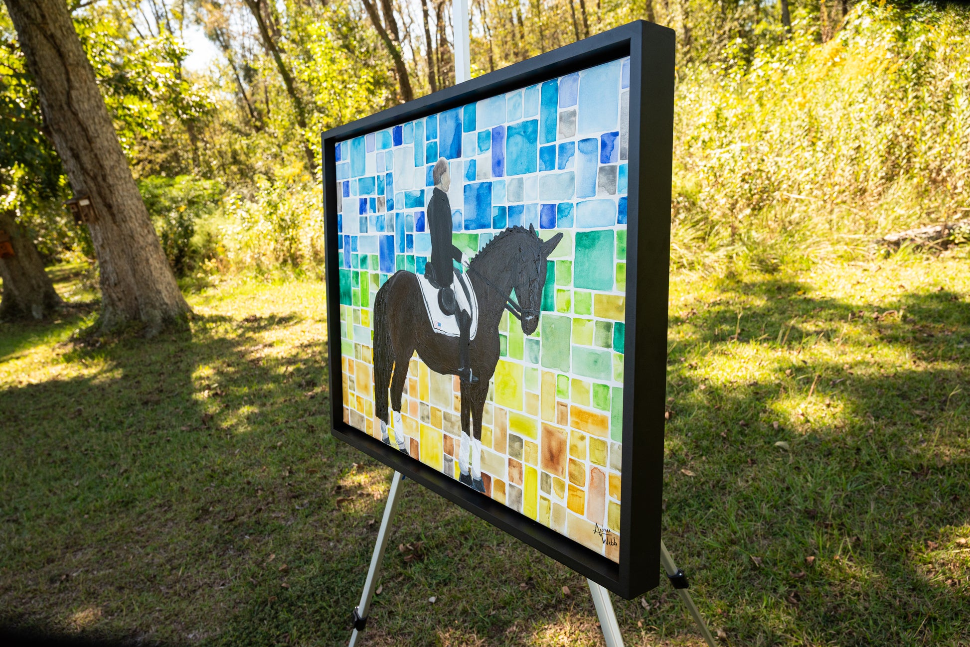 Watercolor and acrylic dressage horse portrait showcasing classical equestrian beauty