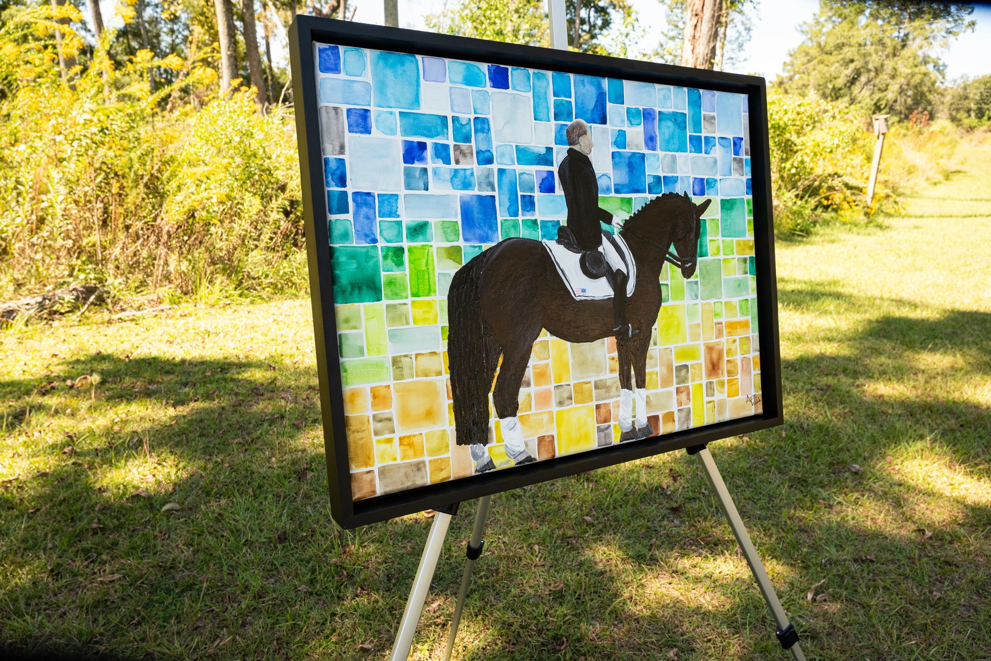 Mixed media dressage artwork highlighting equine elegance in watercolor and acrylic painting