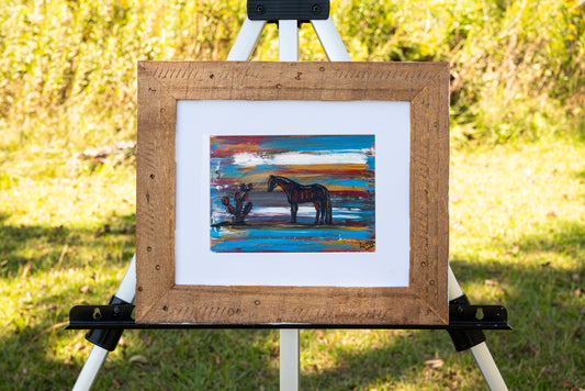 Equine mixed media artwork showcasing a horse with artistic textures and hand-painted details