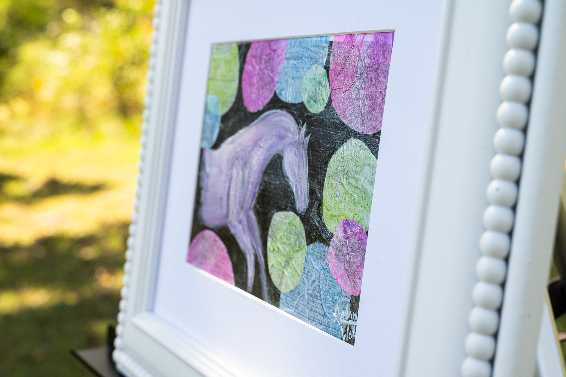 Mixed media equine artwork combining acrylics, and textured details on a white background