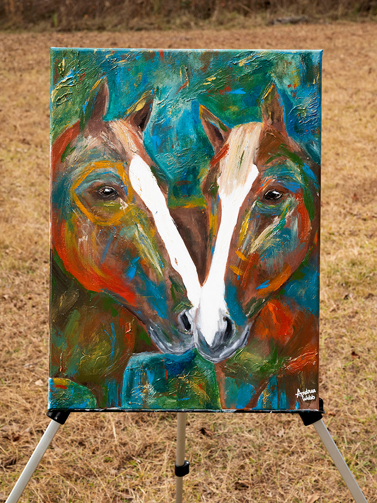 Acrylic Equine Painting. Colorful horse painting of two horses. Meaningful abstract horse painting