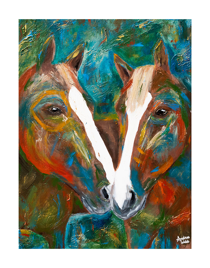 Acrylic Equine Painting. Colorful horse painting of two horses. Meaningful abstract horse painting