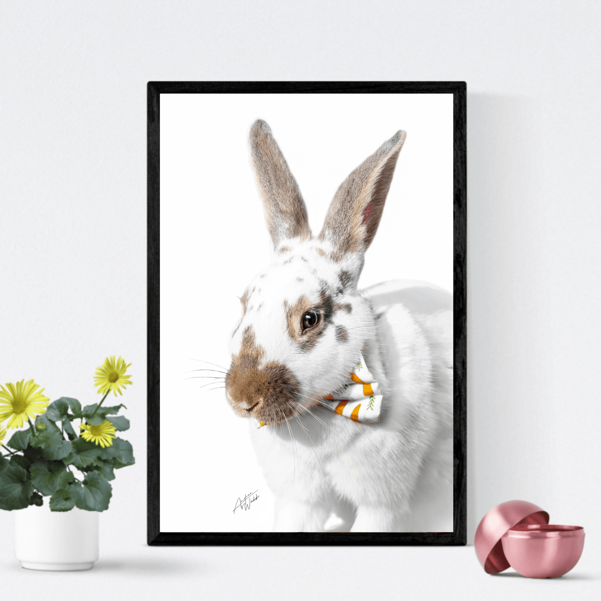 Rabbit with carrot bow tie fine art print on white background
Adorable white and brown rabbit portrait for Easter decor
Cute bunny artwork with colorful bow tie for nursery
Whimsical rabbit print for spring home decoration
Playful rabbit portrait with carrot bow tie on white backdrop